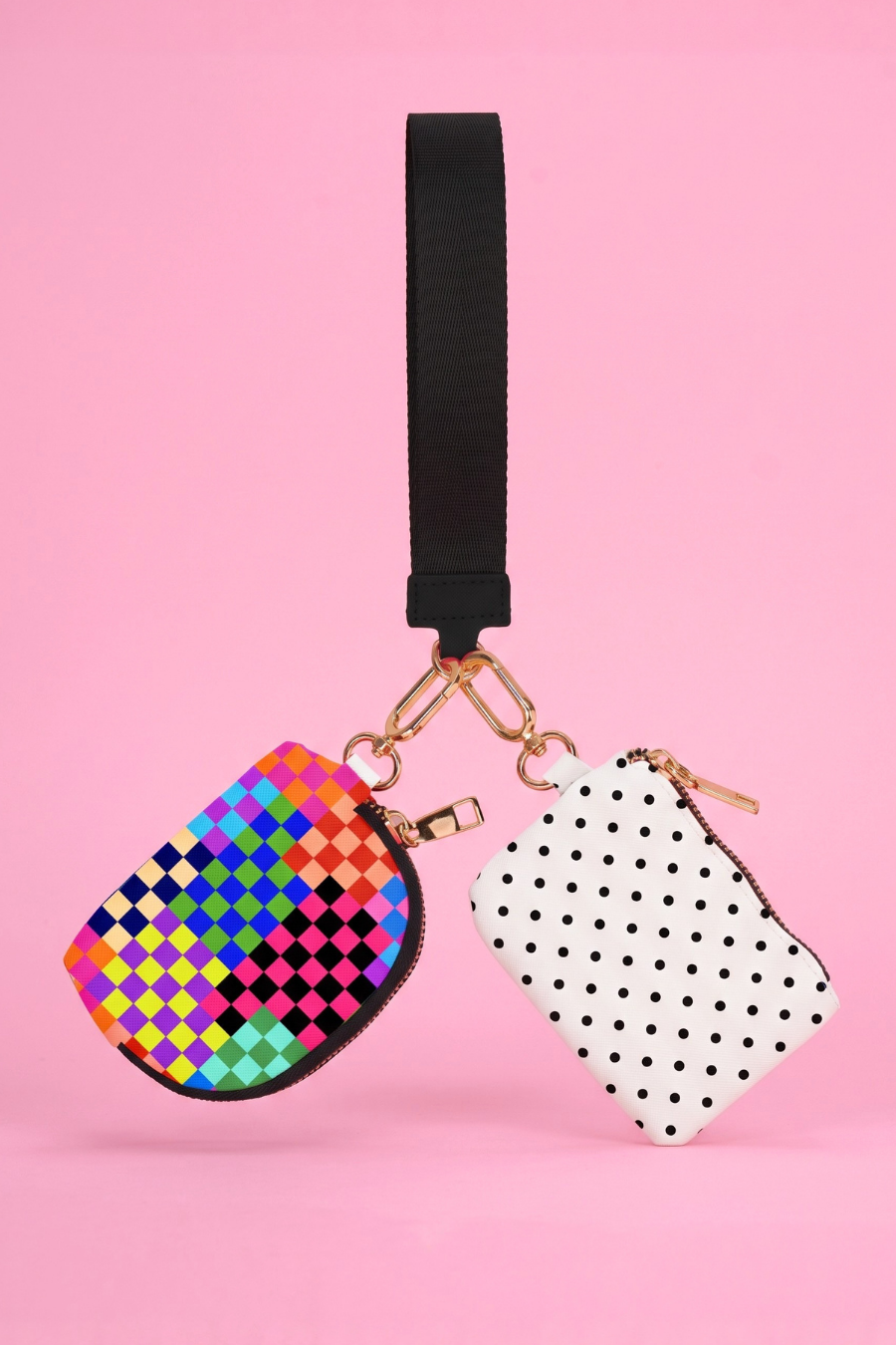 Double Pouch Wristlet – Check Me Out/Polka Dot