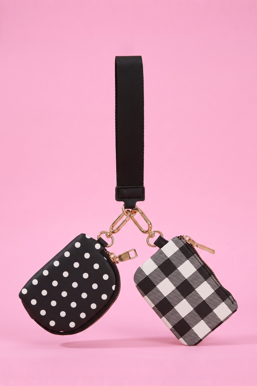 Double Pouch Wristlet – Black Polka Dot/Gingham