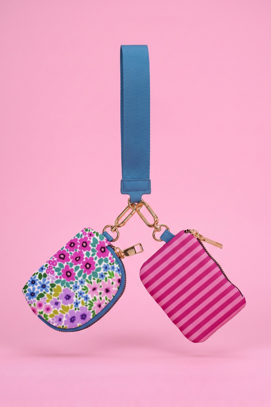 Double Pouch Wristlet – Falling for Florals/Bubblegum Stripes